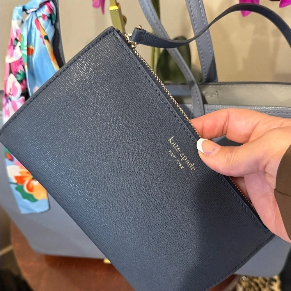 Kate Spade Gray Tote with Floral Scarf and Pouch designer purse wristlet